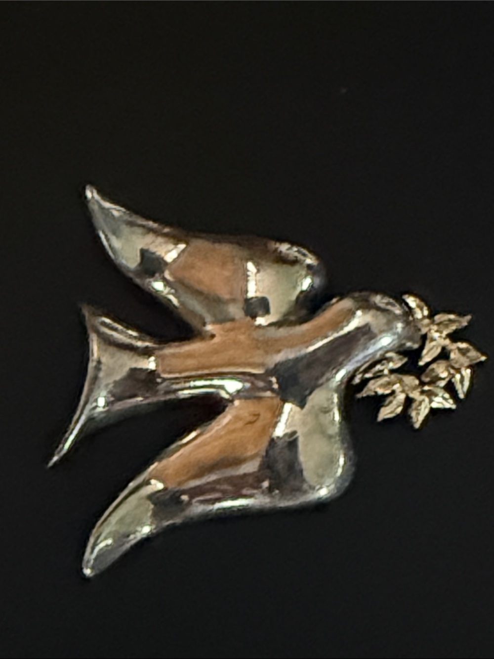 Vintage Signed Bab Ballou Sterling Silver & 14K Gold Dove Peace Brooch Pin.